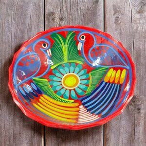 Hand Painted Mexico Pottery Footed Dish Bowl With Painted Birds And Flowers VTG